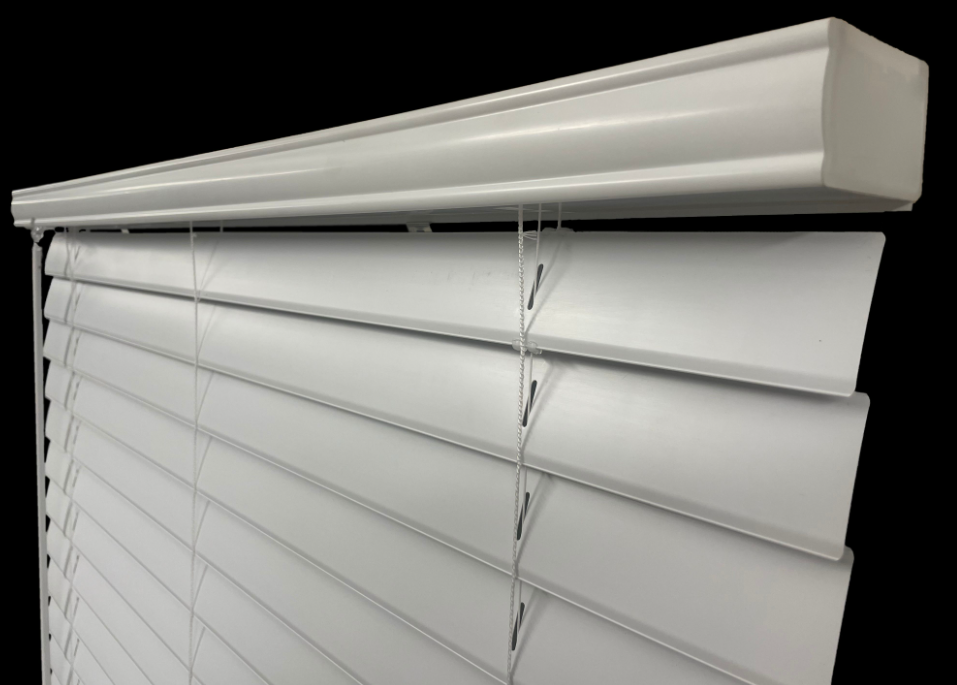 Cordless 2" Beveled Edge Faux Wood Blind Headrail