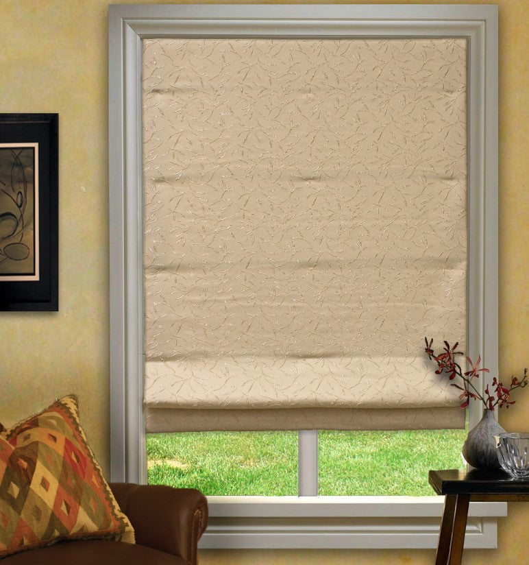 Custom Cordless Roman Shades - Floating Vine Ivory