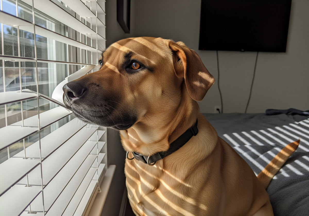 Dog looking through horizontal blinds at a window