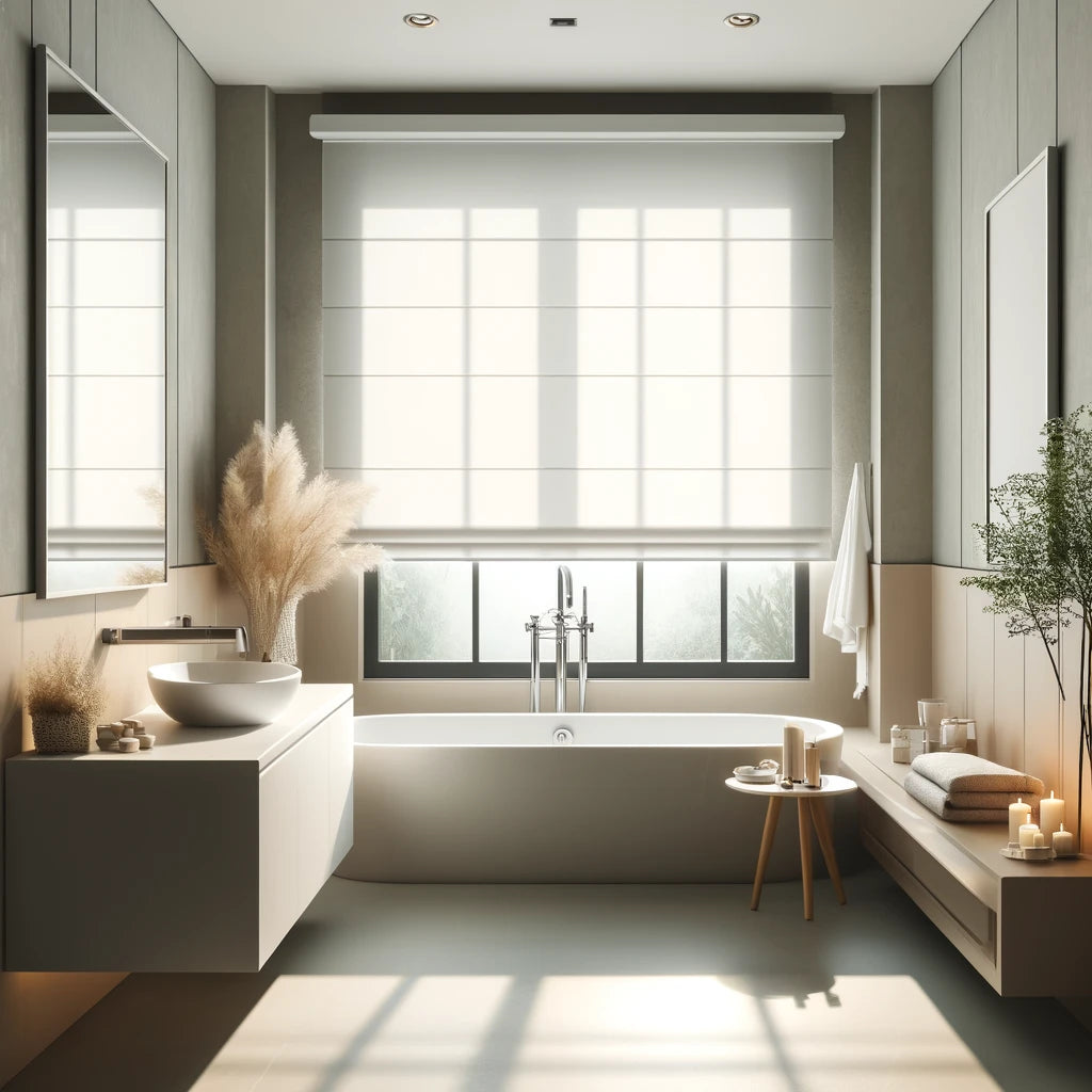 Bathroom with a light-filtering shade above the bathtub