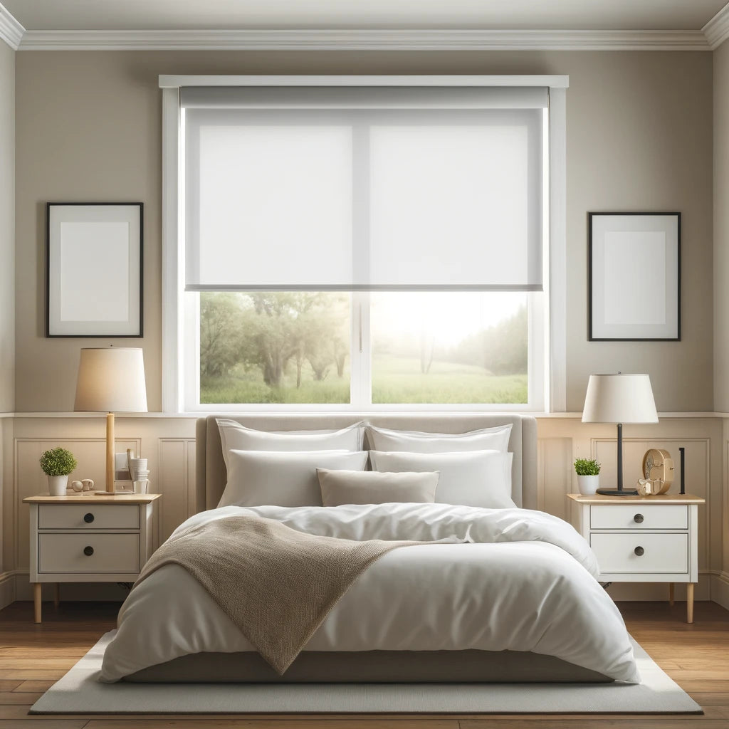 Bedroom with a white shade lowered over the window behind the bed
