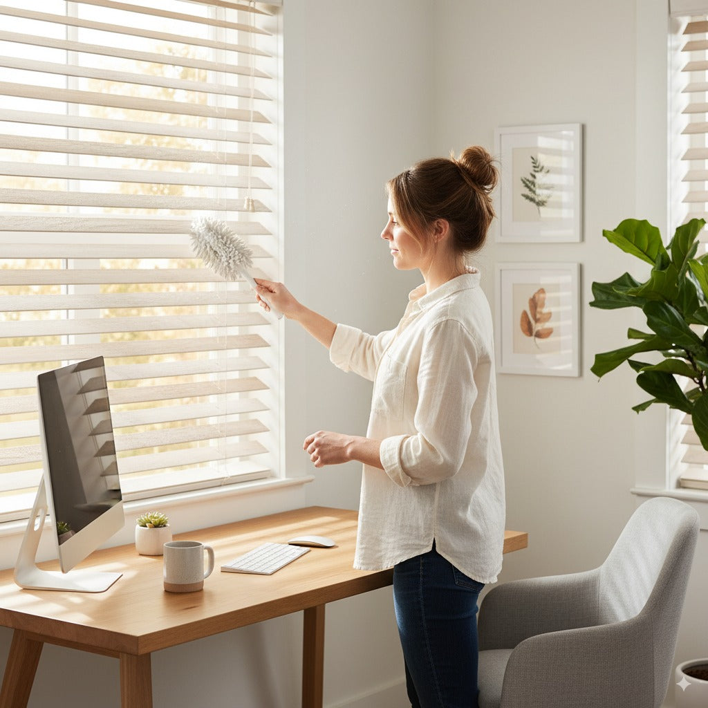 Woman dusting white horizontal blinds beside a desk