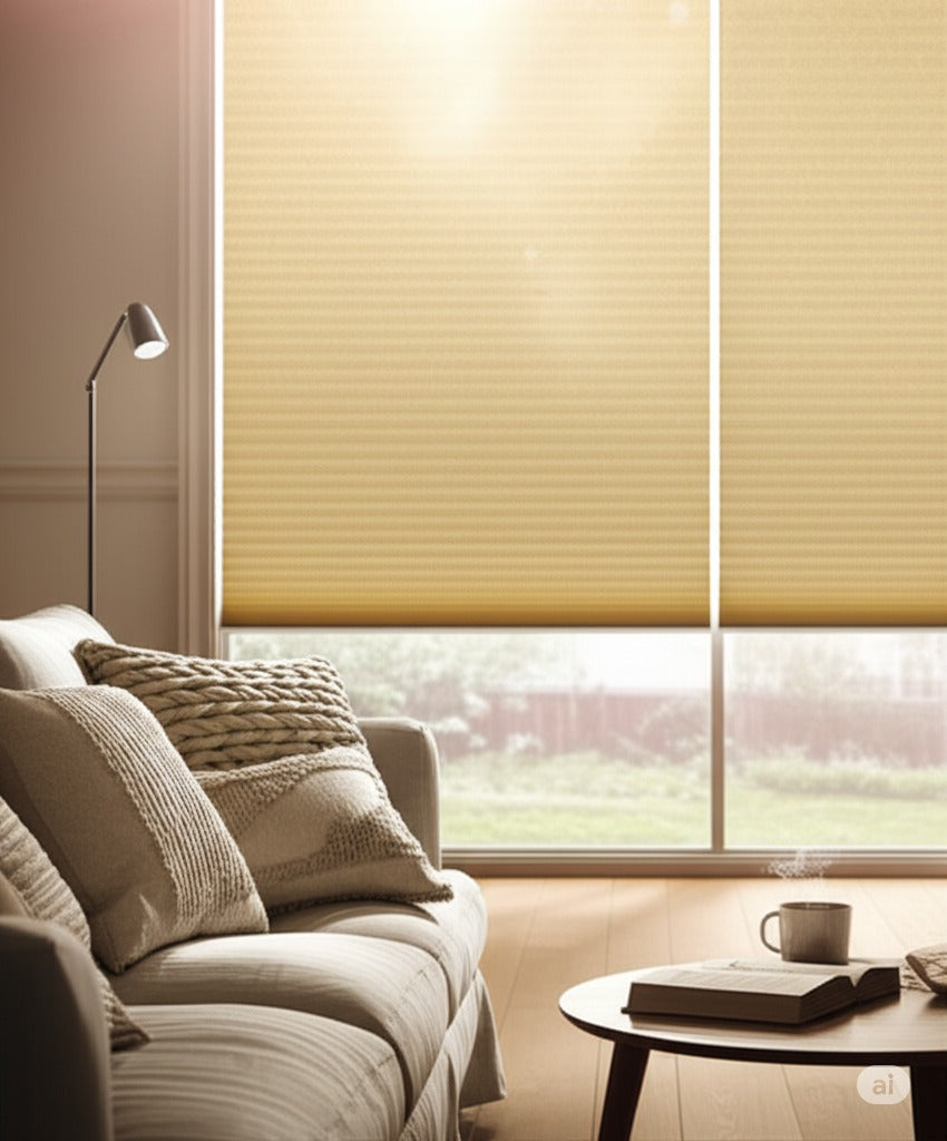 Sunlit living room with cellular shades partly lowered