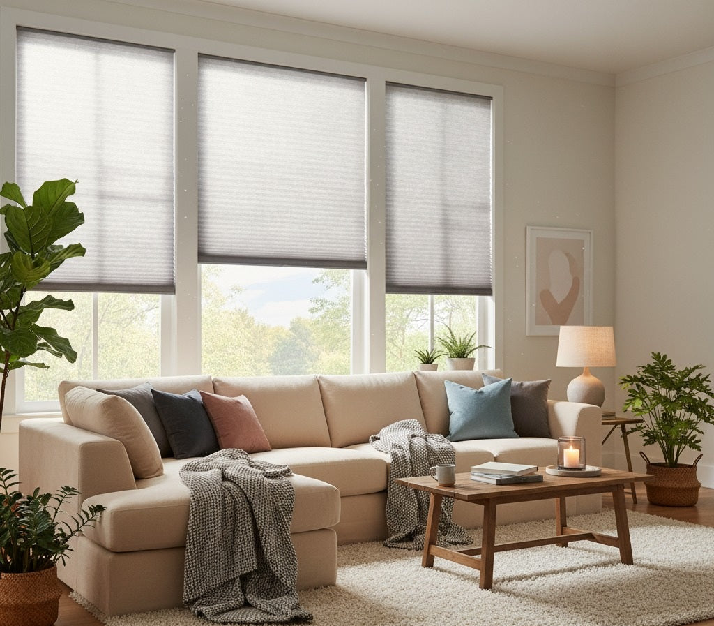 Living room with light-filtering cellular shades at tall windows