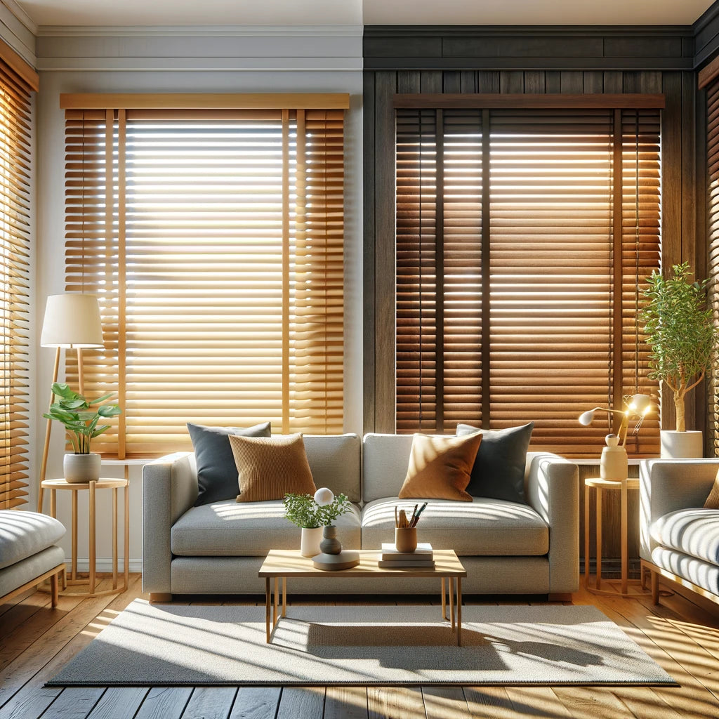 Living room with light and dark wood-look horizontal blinds