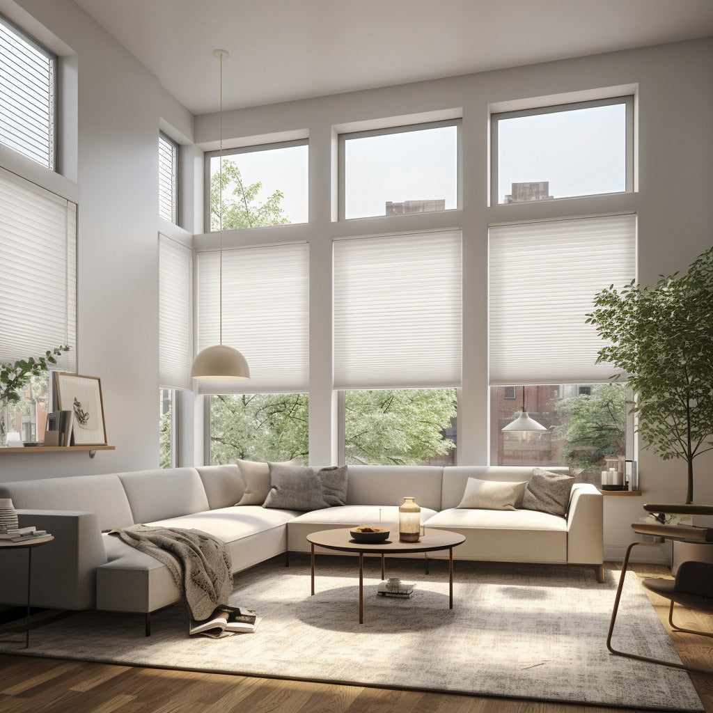 Sunlit living room with neutral shades, a soft sofa and natural wood furniture