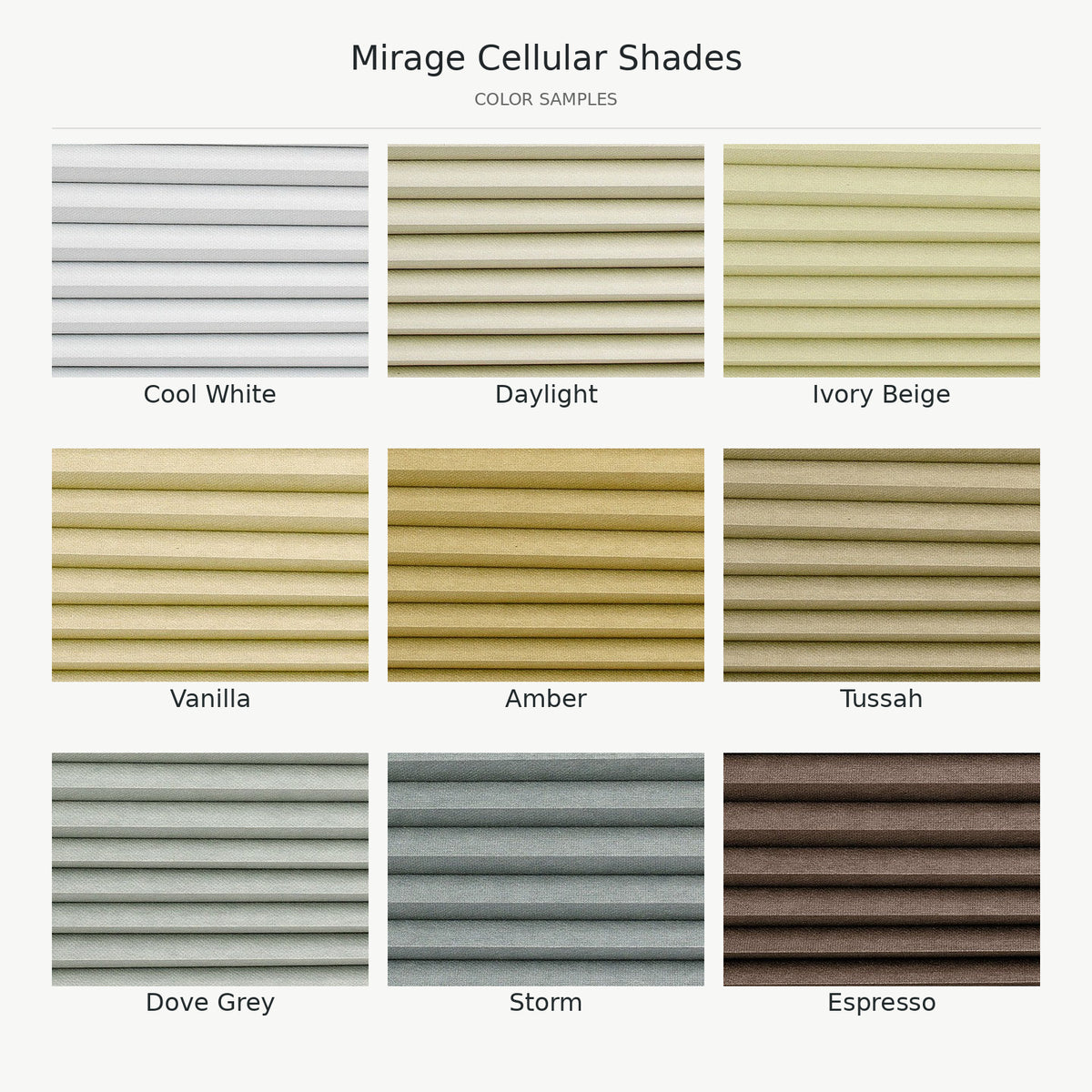 Mirage Cellular Shade Swatches – color samples