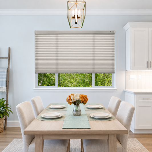 Simply No-Drill Tension Cellular Shade shown in a bright kitchen